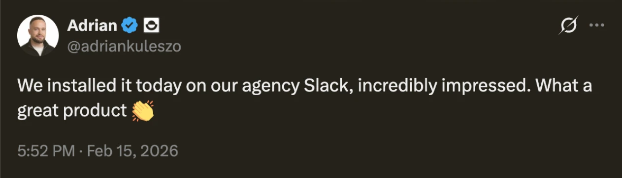 Tweet by Adrian impressed after installing Lobster