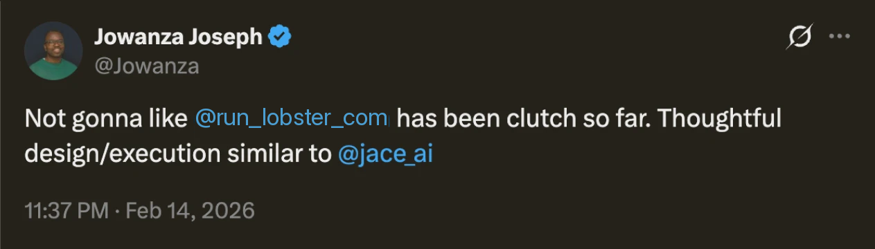 Tweet by Jowanza Joseph praising Lobster's design