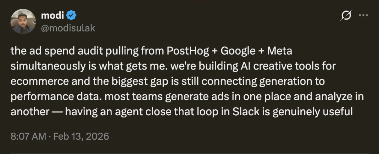 Tweet by modi about Lobster's ad spend audit capabilities