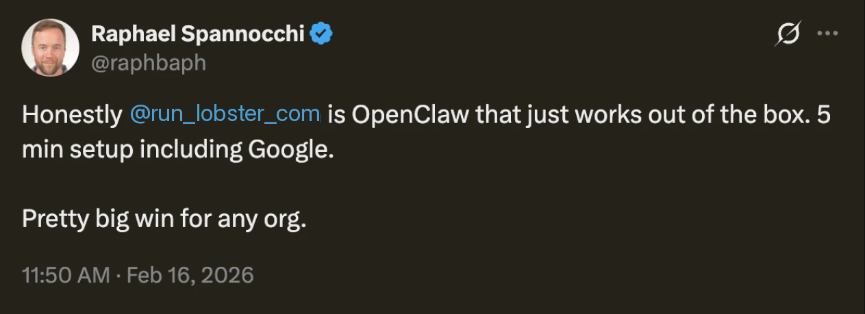 Tweet by Raphael Spannocchi about Lobster working out of the box